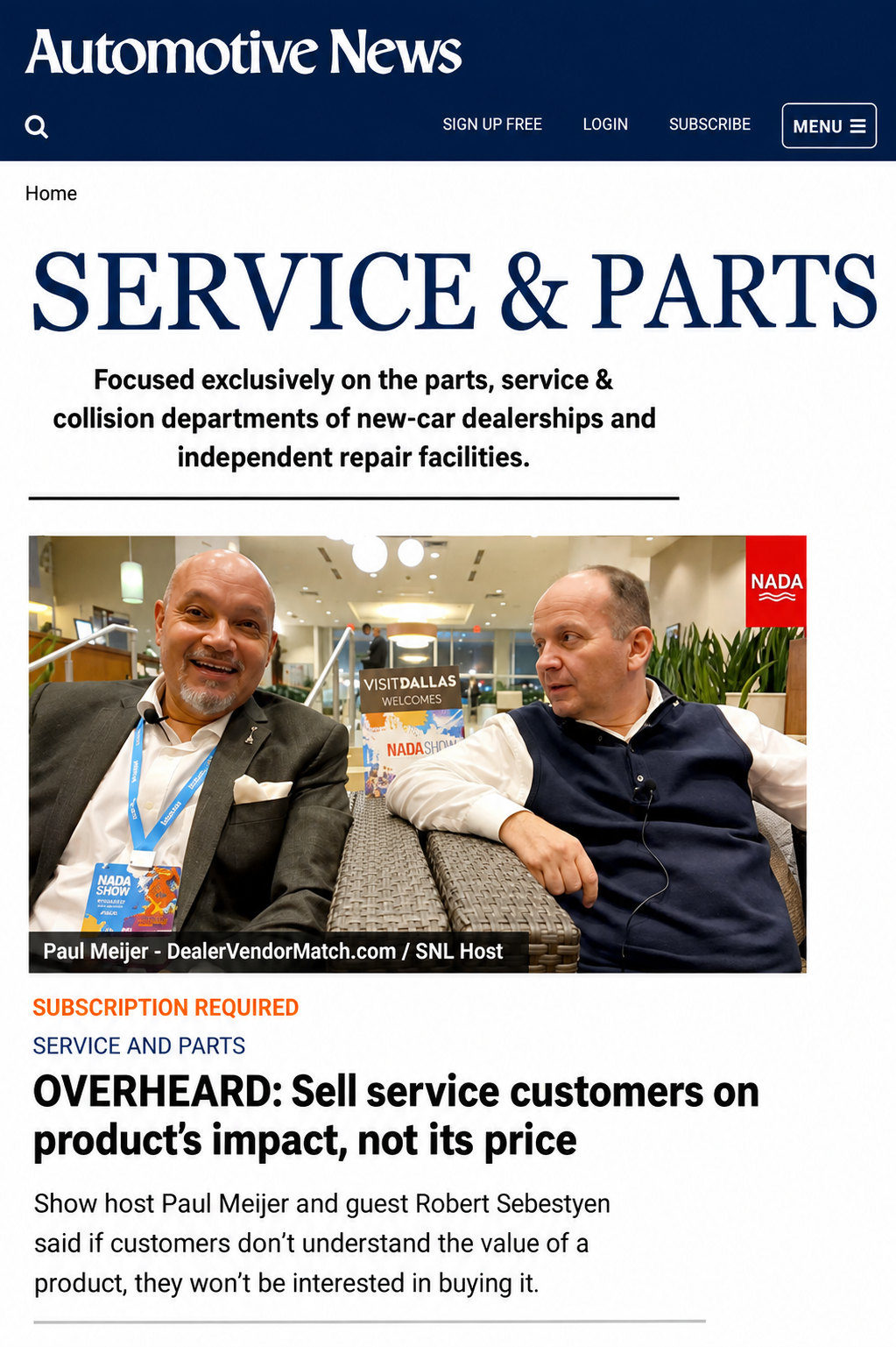 Automotive News Service and Parts recognition featuring Paul Meijer's Sunday Night Live