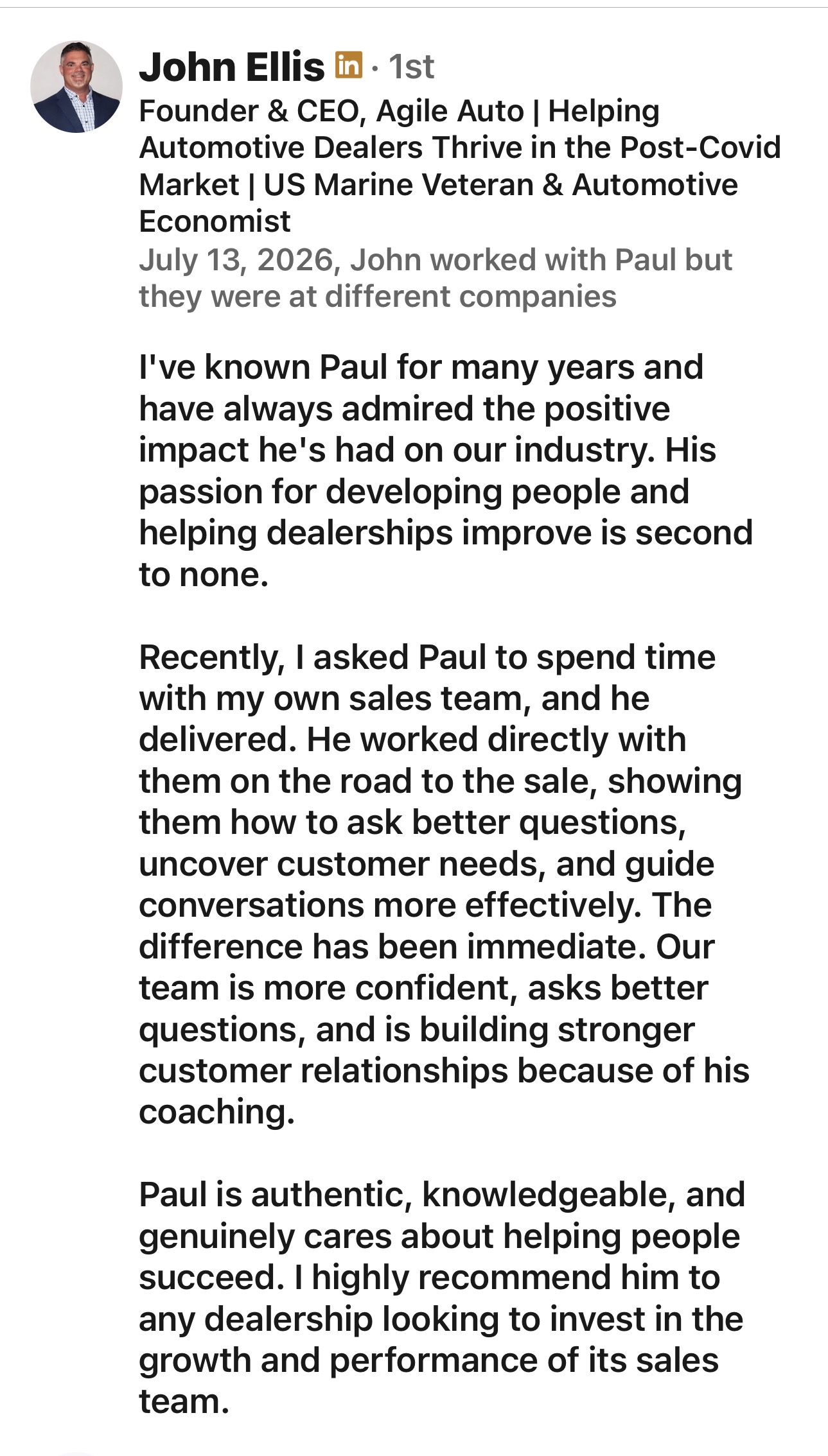 Automotive Vendor Consulting Testimonial - John Ellis Automotive vendor consulting testimonial from Agile Auto CEO John Ellis